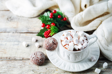 Christmas holidays wood background with Cup of Cocoa with marshmallow and Christmas decoration