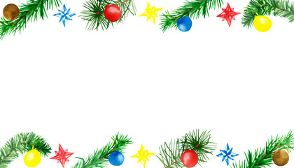 Obraz na płótnie Canvas Watercolor hand painted new year holiday banner with green christmas tree fir branches, red, yellow and blue stars and ball toys isolated on the white background with the space for text