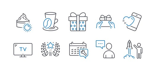 Set of Business icons, such as Spanner, Coffee cup, Ranking, Sun cream, Tv, Gift box, Users chat, Heart, Give present, Launch project line icons. Repair service, Latte drink. Line spanner icon. Vector