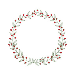 Wreath from branches and red berries on white isolated background. Summer composition.