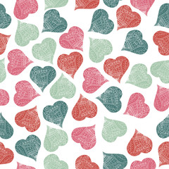 Valentines day background. Flat design endless chaotic texture made of tiny heart silhouettes.