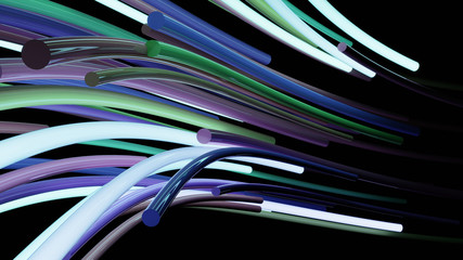 Abstract neon lines flow on black background; 3d render