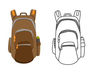 Colorful camping backpack in flat design with coloring vector illustration. Tourist retro back pack. Classic styled hiking backpack. Camp and hike bag and knapsack.