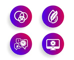 Euler diagram, Hypoallergenic tested and Time management icons simple set. Halftone dots button. Monitor settings sign. Relationships chart, Feather, Office chat. Service cogwheel. Vector