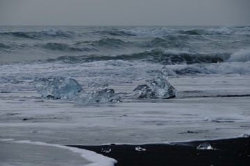 Ice Floes and chunks wash up on pristine black sand beaches on the southern Iceland Coast from melting and calved glaciers