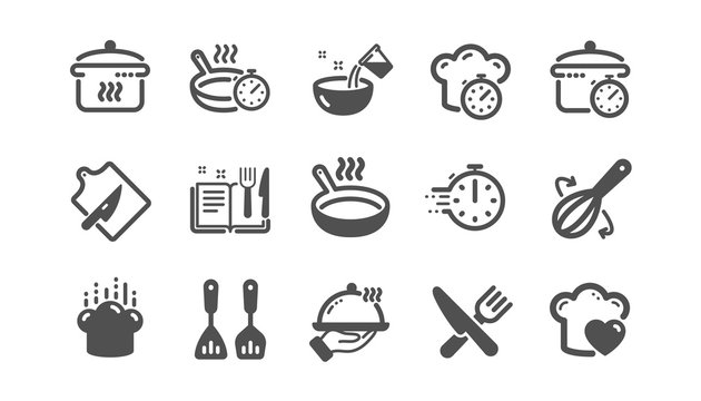Cooking icons. Boiling time, Frying pan and Kitchen utensils. Fork, spoon and knife icons. Recipe book, chef hat and cutting board. Classic set. Quality set. Vector