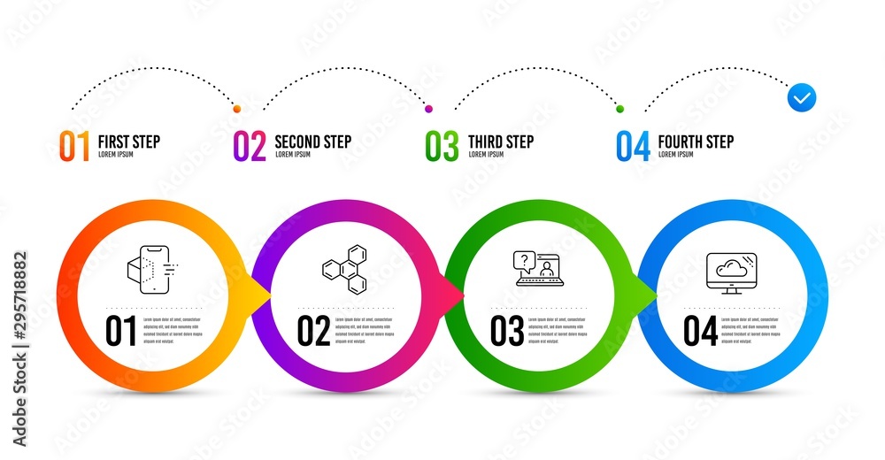 Aufkleber augmented reality, faq and chemical formula line icons set. timeline infographic. cloud storage sign