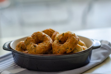Traditional Turkish pastry : Pişi ; fried dough in oil with dill