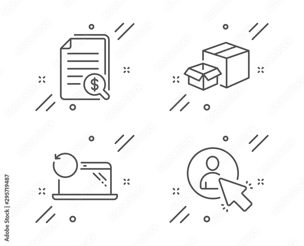 Poster recovery laptop, packing boxes and financial documents line icons set. user sign. backup data, deliv
