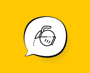 Coffee pot line icon. Comic speech bubble. Hot drink sign. Tea glass mug symbol. Yellow background with chat bubble. Coffee pot icon. Colorful banner. Vector