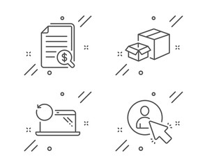 Recovery laptop, Packing boxes and Financial documents line icons set. User sign. Backup data, Delivery box, Check docs. Project manager. Technology set. Line recovery laptop outline icon. Vector