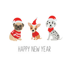Happy New Year greeting card. Cute dogs in funny Christmas costumes. Isolated on white background.