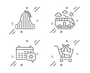 Roller coaster, Bus travel and Travel calendar line icons set. Cross sell sign. Attraction park, Transport, Trip planning. Market retail. Holidays set. Line roller coaster outline icon. Vector