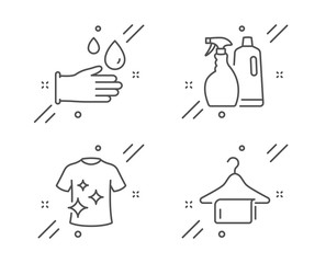 Fototapeta premium Rubber gloves, Clean t-shirt and Shampoo and spray line icons set. Clean towel sign. Hygiene equipment, Laundry shirt, Washing liquids. Laundry hanger. Cleaning set. Vector