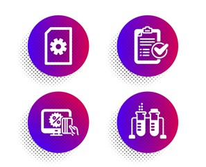 Online shopping, File management and Survey checklist icons simple set. Halftone dots button. Chemistry beaker sign. Black friday, Doc with cogwheel, Report. Laboratory flask. Business set. Vector