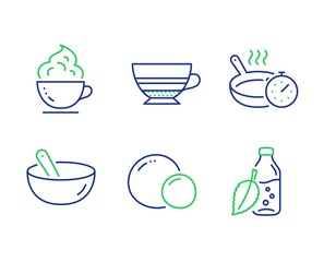 Coffee cup, Cooking mix and Frying pan line icons set. Mocha, Peas and Water bottle signs. Whipped cream, Bowl, Cooking timer. Coffee cup. Food and drink set. Line coffee cup outline icons. Vector