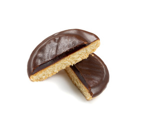Round chocolate jaffa cake or biscuit cookie filled with natural jam