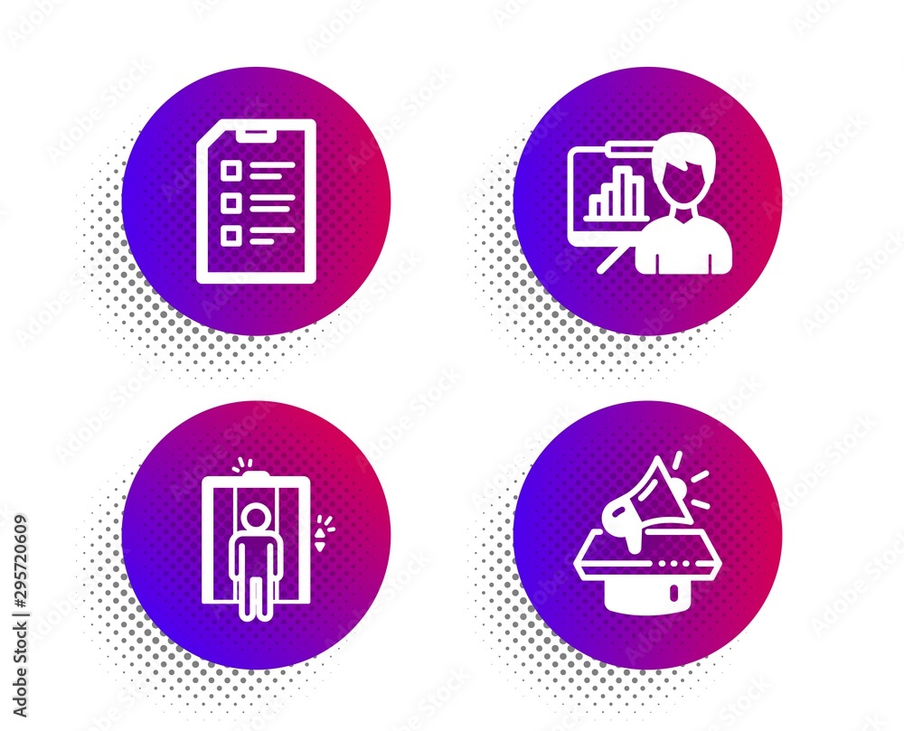 Aufkleber checklist, elevator and presentation board icons simple set. halftone dots button. megaphone sign. d