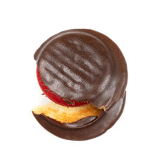 Round chocolate jaffa cake or biscuit cookie filled with natural jam