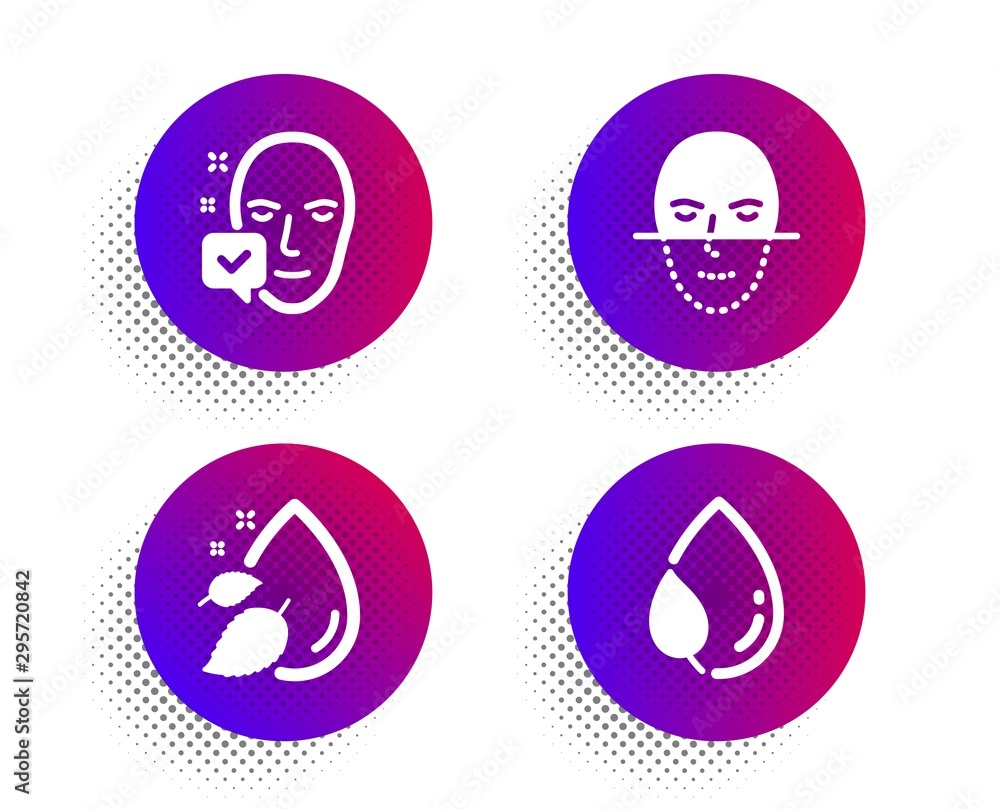 Aufkleber water drop, face recognition and face accepted icons simple set. halftone dots button. leaf dew sign