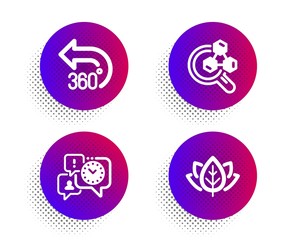 Chemistry lab, 360 degrees and Time management icons simple set. Halftone dots button. Organic tested sign. Lab research, Full rotation, Office chat. Bio ingredients. Science set. Vector