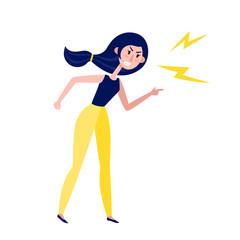 Angry standing woman point finger isolated on white.