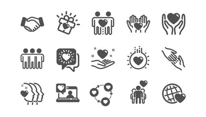 Friendship and love icons. Interaction, Mutual understanding and assistance business. Trust handshake, social responsibility icons. Classic set. Quality set. Vector