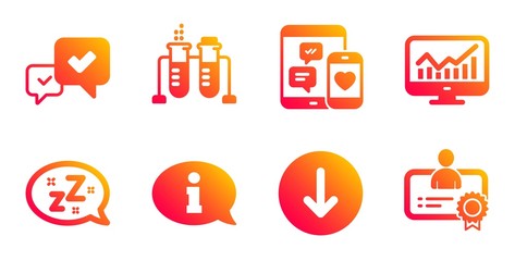 Approve, Chemistry beaker and Social media line icons set. Sleep, Statistics and Information signs. Scroll down, Certificate symbols. Accepted message, Laboratory flask. Technology set. Vector
