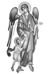 Guardian angel with kind. Illustration, frescoes in Byzantine style