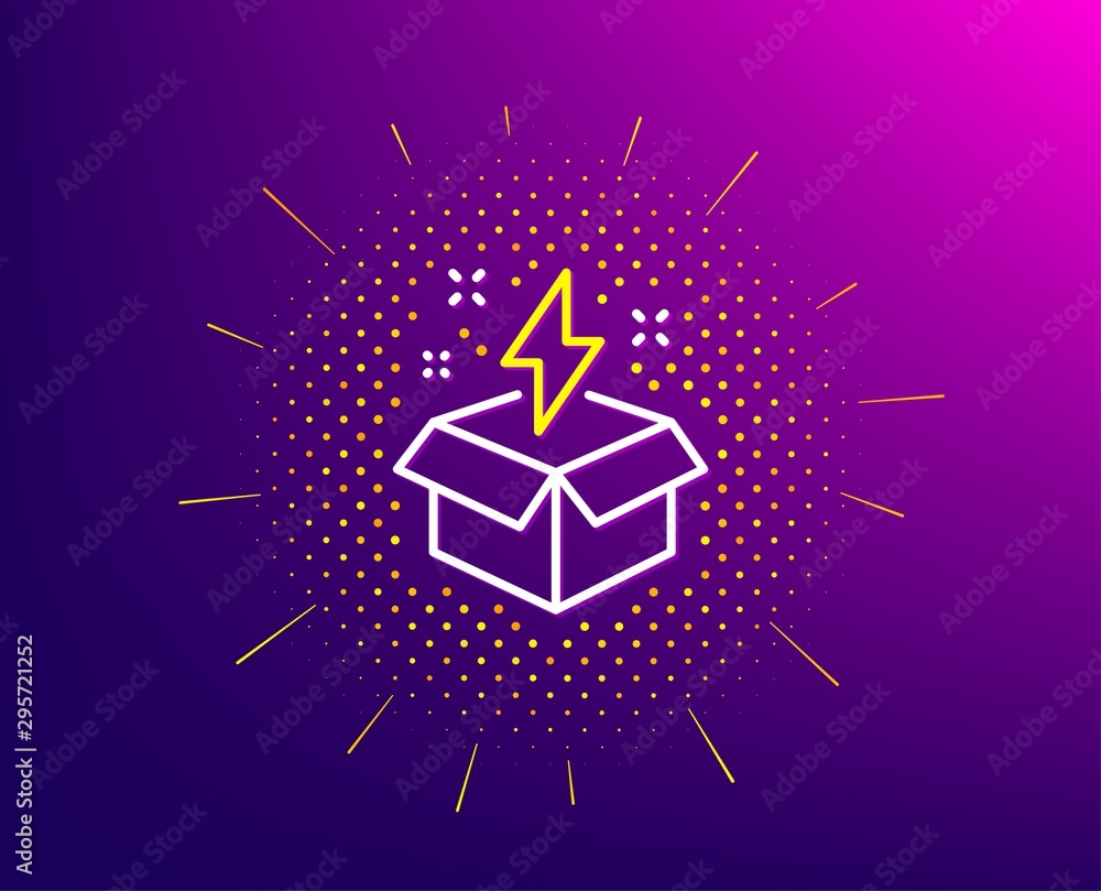 Poster Out of the box line icon. Halftone pattern. Creativity sign. Gift box with lightning bolt symbol. Gradient background. Creative idea line icon. Yellow halftone pattern. Vector