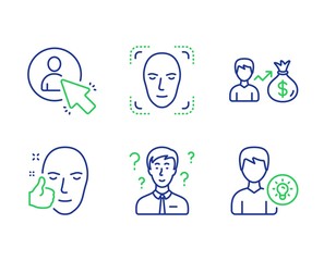 Face detection, User and Healthy face line icons set. Support consultant, Sallary and Person idea signs. Detect person, Project manager, Healthy cosmetics. Question mark. People set. Vector