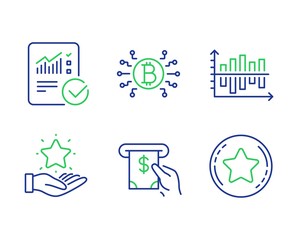 Bitcoin system, Diagram chart and Loyalty program line icons set. Atm service, Checked calculation and Loyalty star signs. Cryptocurrency scheme, Presentation graph, Bonus star. Vector