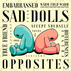 Illustration of sad dolls sitting back to back. Emotions, friendship, autism, acceptance concept.