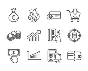Fototapeta premium Set of Finance icons, such as Payment method, Shopping, Money bag, Contactless payment, Hot loan, Chart, Savings, Calculator target, Calculator alarm, Demand curve line icons. Vector