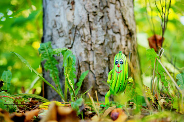 grüne Gurke mit lustigem Gesicht steht im Wald