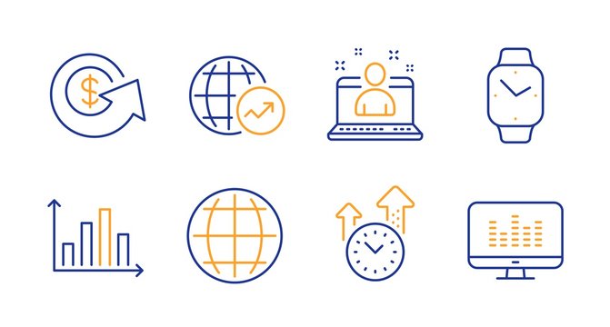 Globe, Time management and Best manager line icons set. Diagram graph, Dollar exchange and Smartwatch signs. World statistics, Music making symbols. Internet world, Office clock. Vector
