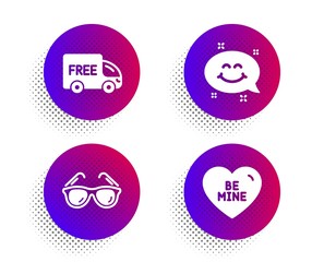 Free delivery, Smile chat and Sunglasses icons simple set. Halftone dots button. Be mine sign. Shopping truck, Happy emoticon, Travel glasses. Love sweetheart. Holidays set. Vector