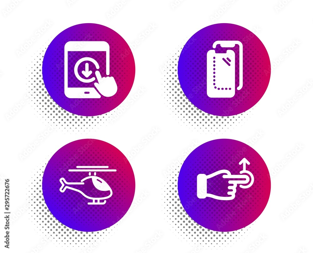 Poster scroll down, helicopter and smartphone glass icons simple set. halftone dots button. drag drop sign.