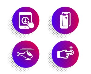 Scroll down, Helicopter and Smartphone glass icons simple set. Halftone dots button. Drag drop sign. Swipe arrow, Copter, Phone protect. Move. Business set. Classic flat scroll down icon. Vector