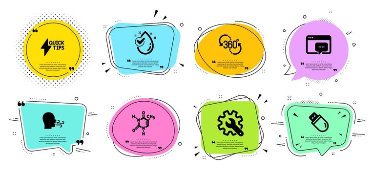 Chemical formula, Seo message and Water drop line icons set. Chat bubbles with quotes. Quickstart guide, Usb stick and 360 degree signs. Customisation, Breathing exercise symbols. Vector