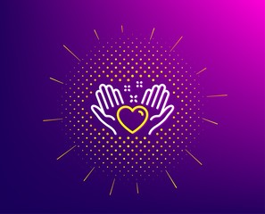 Hold heart line icon. Halftone pattern. Friends love sign. Friendship hand symbol. Gradient background. Hold heart line icon. Yellow halftone pattern. Vector