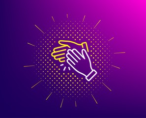 Clapping hands line icon. Halftone pattern. Clap sign. Victory gesture symbol. Gradient background. Clapping hands line icon. Yellow halftone pattern. Vector