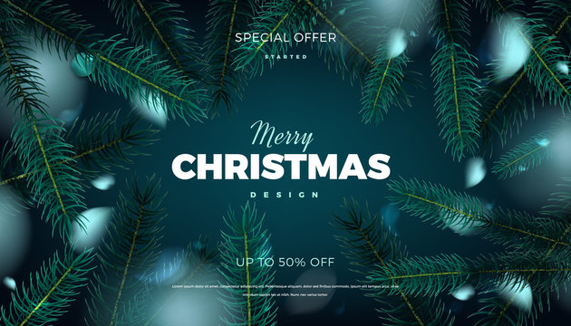 Merry Christmas banner, abstract festive background with fir tree forest vector promo poster design template