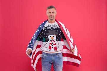 happy new year. celebrating christmas in usa. international holiday. man with american flag. back home on holidays. christmas traditions in celebration. 2020 new year. santa is all american