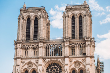 Facade of Notre Dame Cathedral after the fire - restoration work - preservation of UNESCO cultural heritage