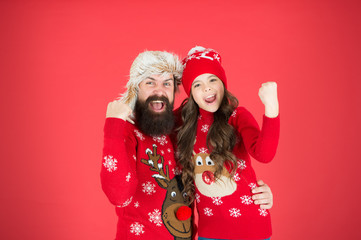 Fototapeta premium Feast of Christmas. merry christmas. happy family. little girl love dad man. xmas memories. dad and daughter celebrate new year. they waiting for santa. family holiday. warm embrace in winter season