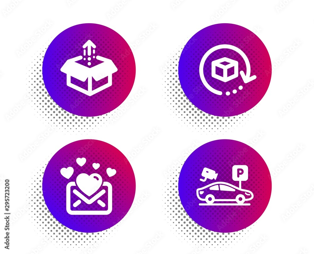 Aufkleber love mail, return package and send box icons simple set. halftone dots button. parking security sign