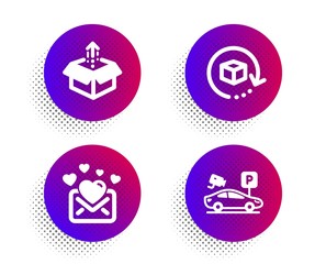 Love mail, Return package and Send box icons simple set. Halftone dots button. Parking security sign. Valentines letter, Exchange goods, Delivery package. Video camera. Technology set. Vector