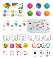 Infographic elements. Financial graph, timelines, options banner badges. Sale discount shapes, countdown timer. Analytics chart, timeline infographics. Offer layout page. Vector graphs and charts