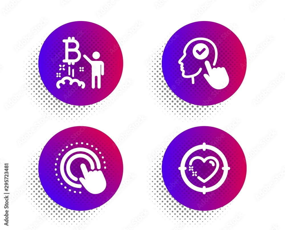Poster click hand, select user and bitcoin project icons simple set. halftone dots button. heart target sig